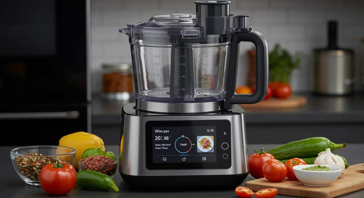 AI-driven smart food processor with digital display showing recipe