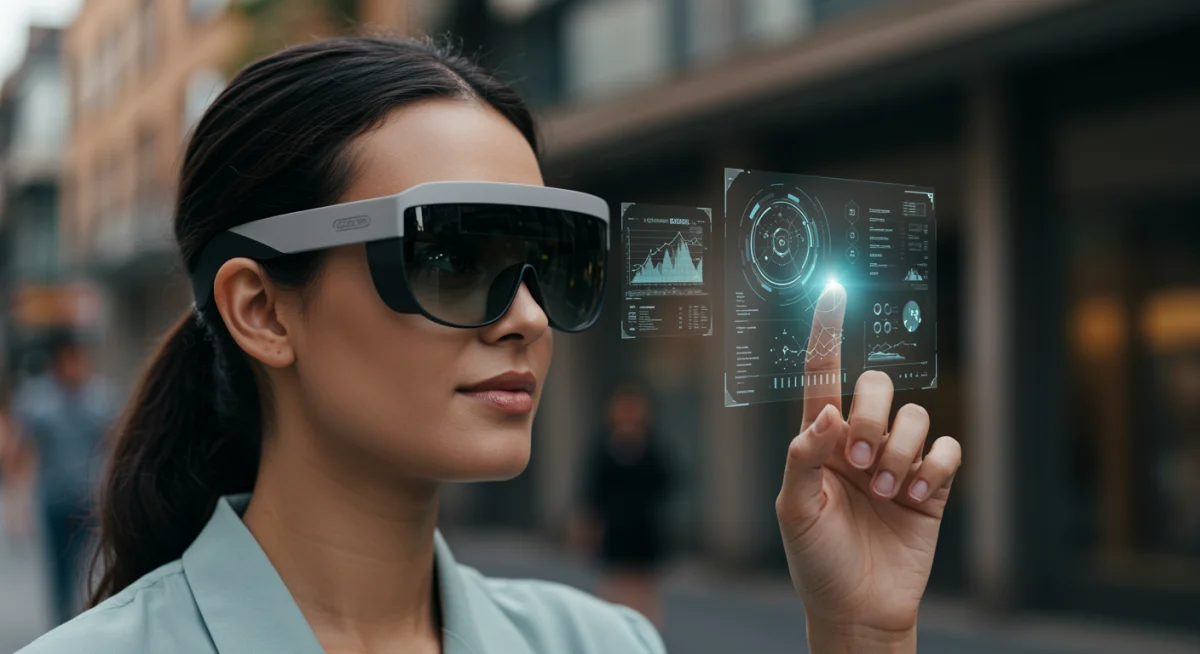 person wearing augmented reality glasses interacting with holographic display
