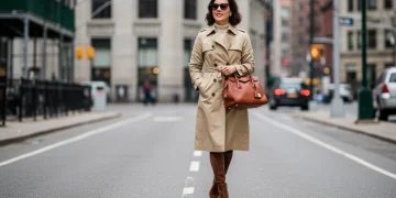 Woman in classic trench coat with luxury handbag and boots