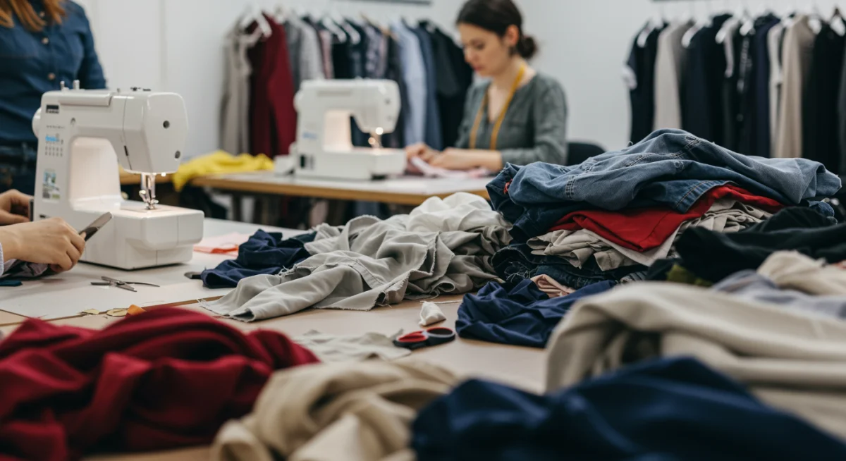 Community workshop engaged in upcycling old clothes, promoting textile reuse and creative fashion.