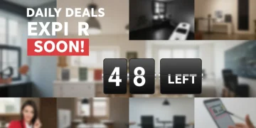 Vibrant banner announcing daily deals expiring in 48 hours, featuring a countdown timer and blurred product images.