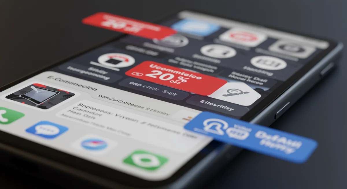 Smartphone displaying daily electronics deal alerts and shopping apps