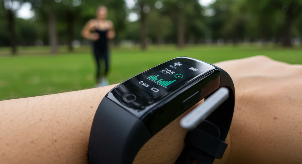 Fitness tracker displaying health metrics during outdoor exercise
