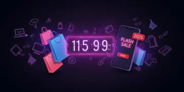 Digital clock showing 11:59 PM, shopping bags, and smartphone with flash sale notification