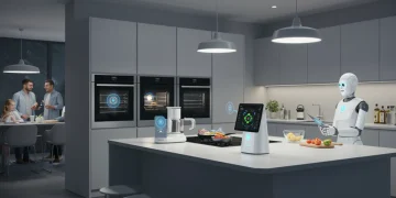 Futuristic kitchen with AI-powered appliances and a family enjoying efficient cooking