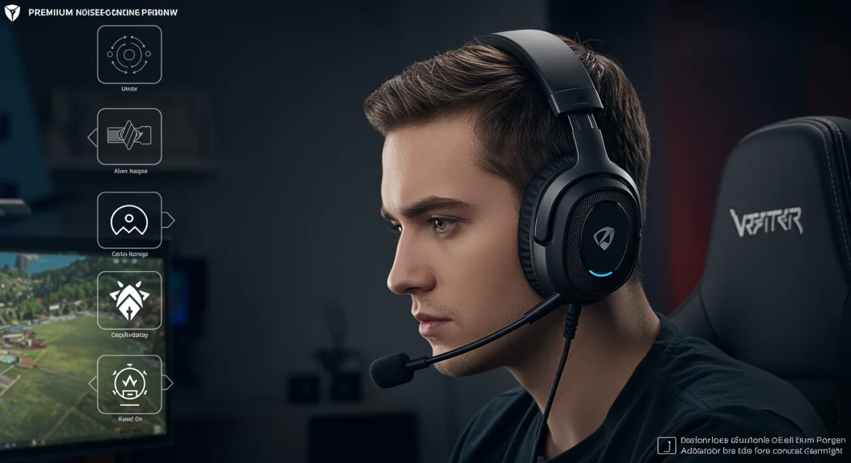 Gamer wearing premium noise-canceling gaming headset with microphone