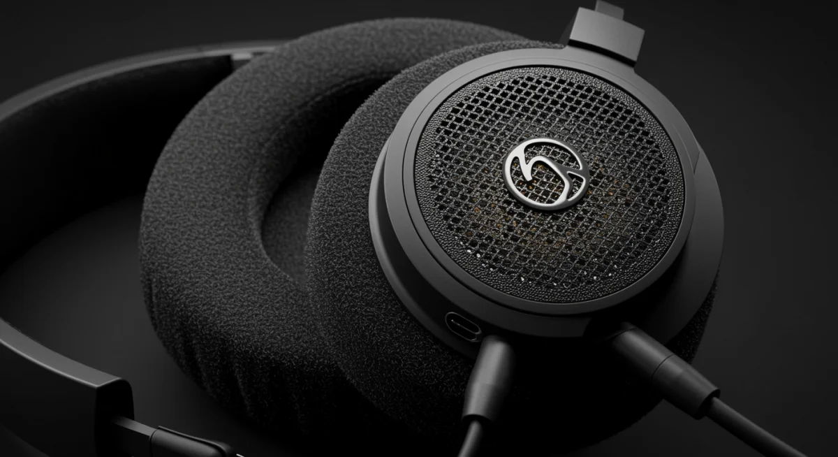 Close-up of a headphone ear cup, highlighting plush padding and quality materials.