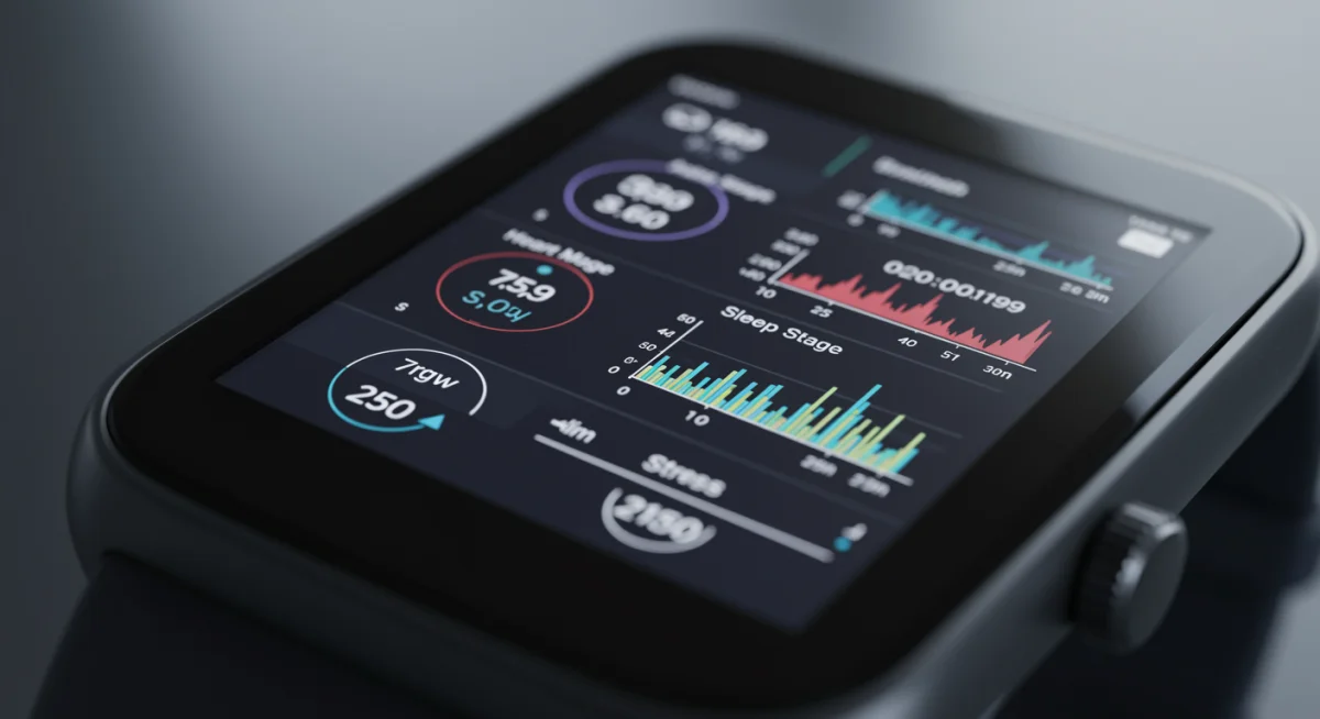 Health tracker displaying detailed sleep, heart rate, and stress data