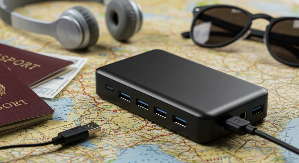 Compact, high-capacity power bank with multiple ports, ideal for travel.