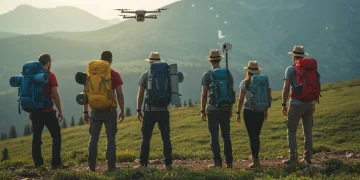 Hikers with advanced outdoor adventure gadgets on a mountain trail, embodying modern exploration.