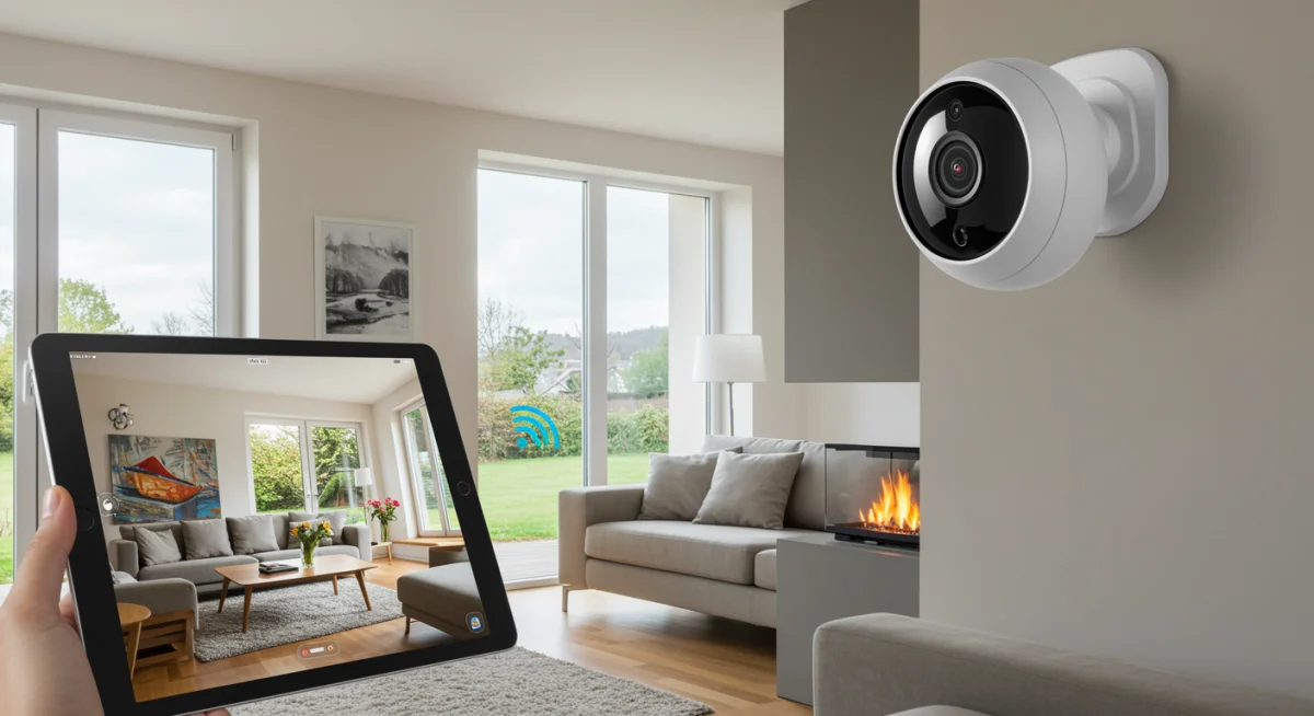 Indoor smart security camera monitoring a living room with a tablet displaying its live feed
