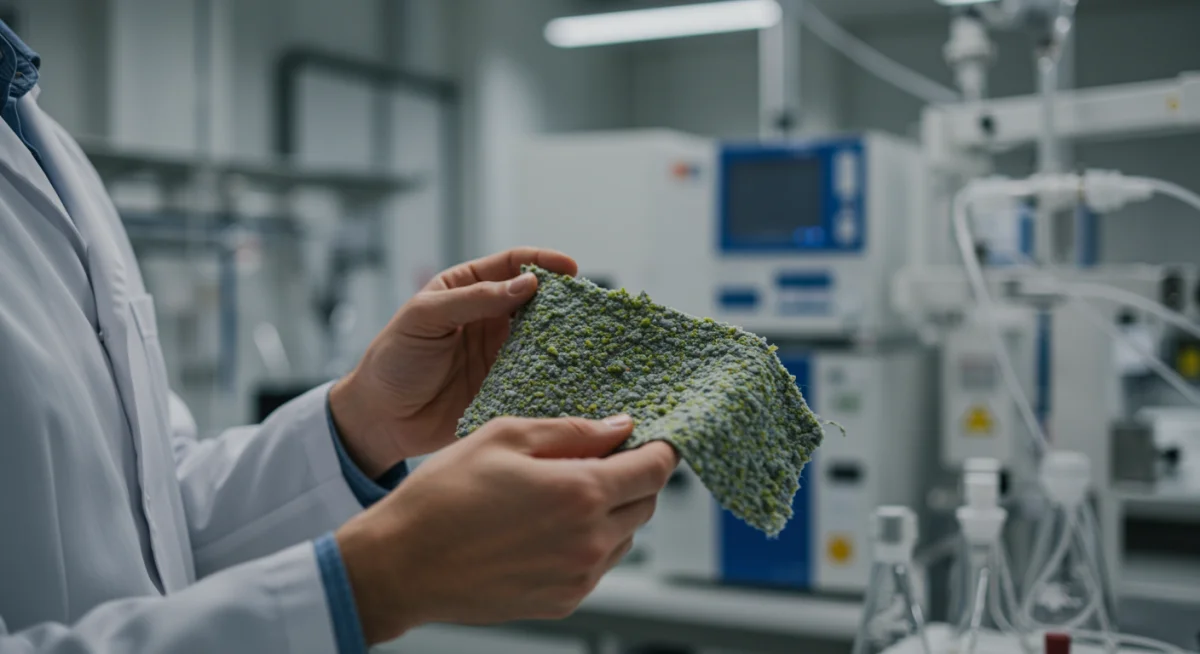 Textile engineer inspecting bio-based fabric, representing innovative sustainable materials.