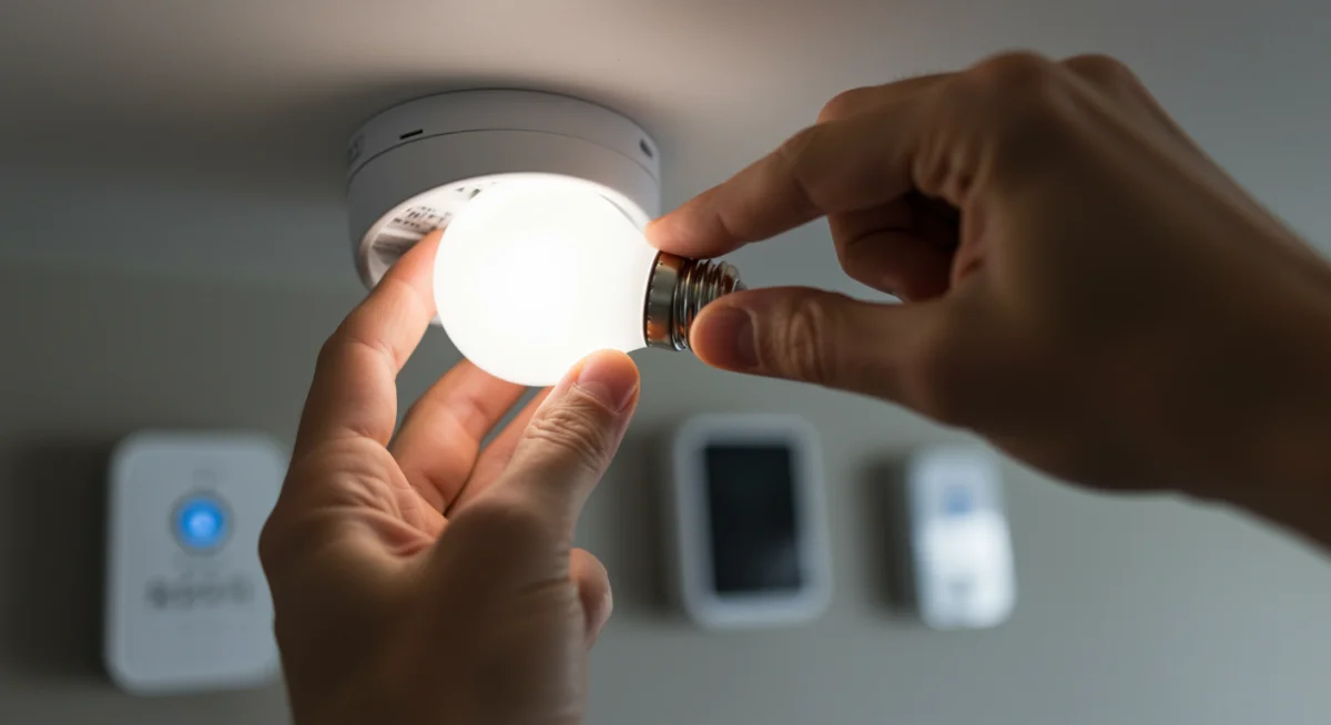 Hand installing a smart light bulb for energy savings