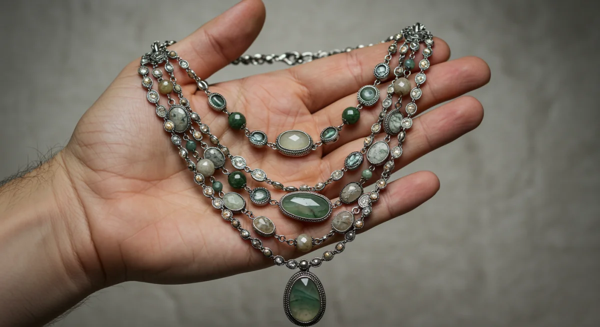 Detailed view of a multi-layered necklace with natural stones, reflecting current jewelry trends