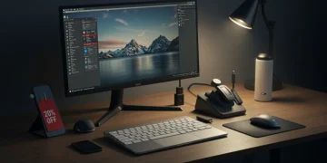 Modern desk setup with laptop and productivity accessories