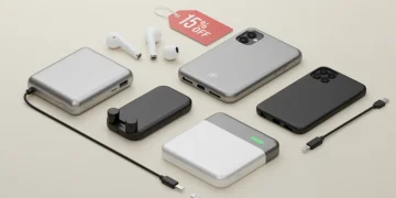 Collection of modern smartphone accessories with a 15% savings tag