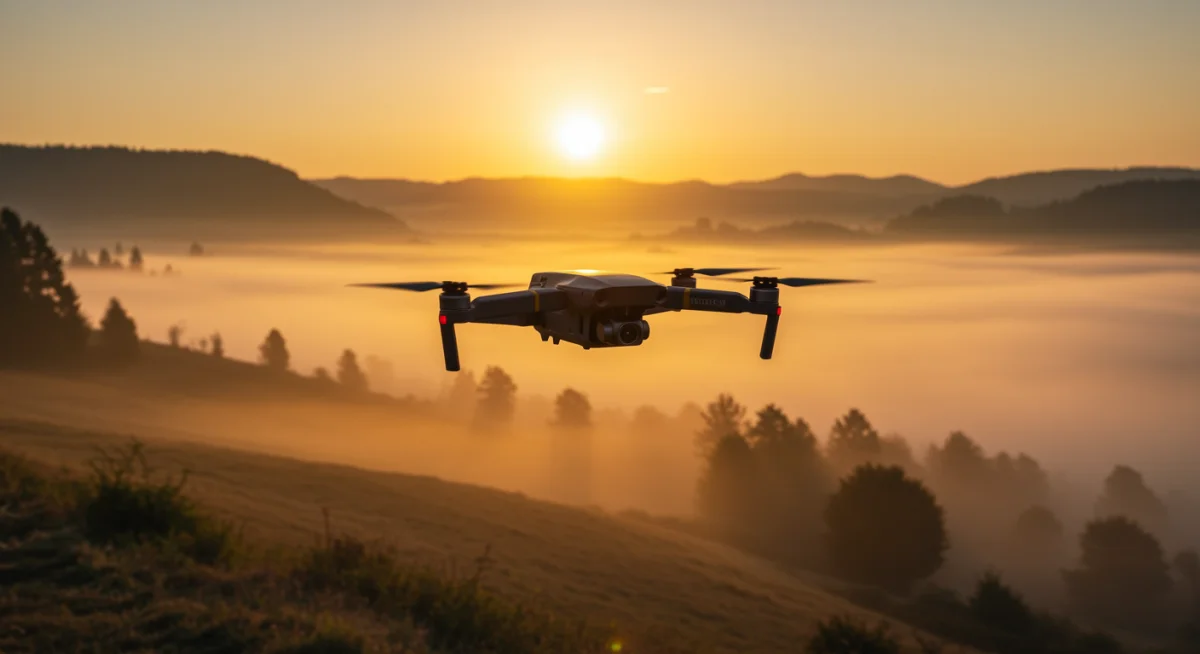 compact modular drone with advanced camera sensors hovering over landscape