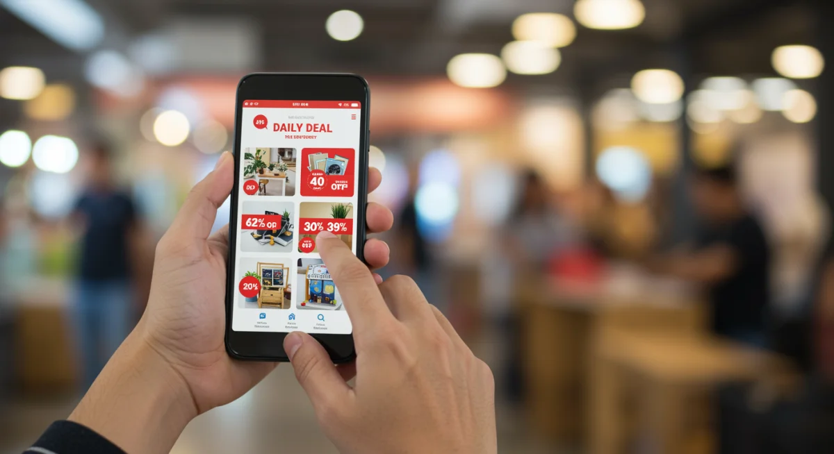 Person using a daily deal app on a smartphone to find discounted products.
