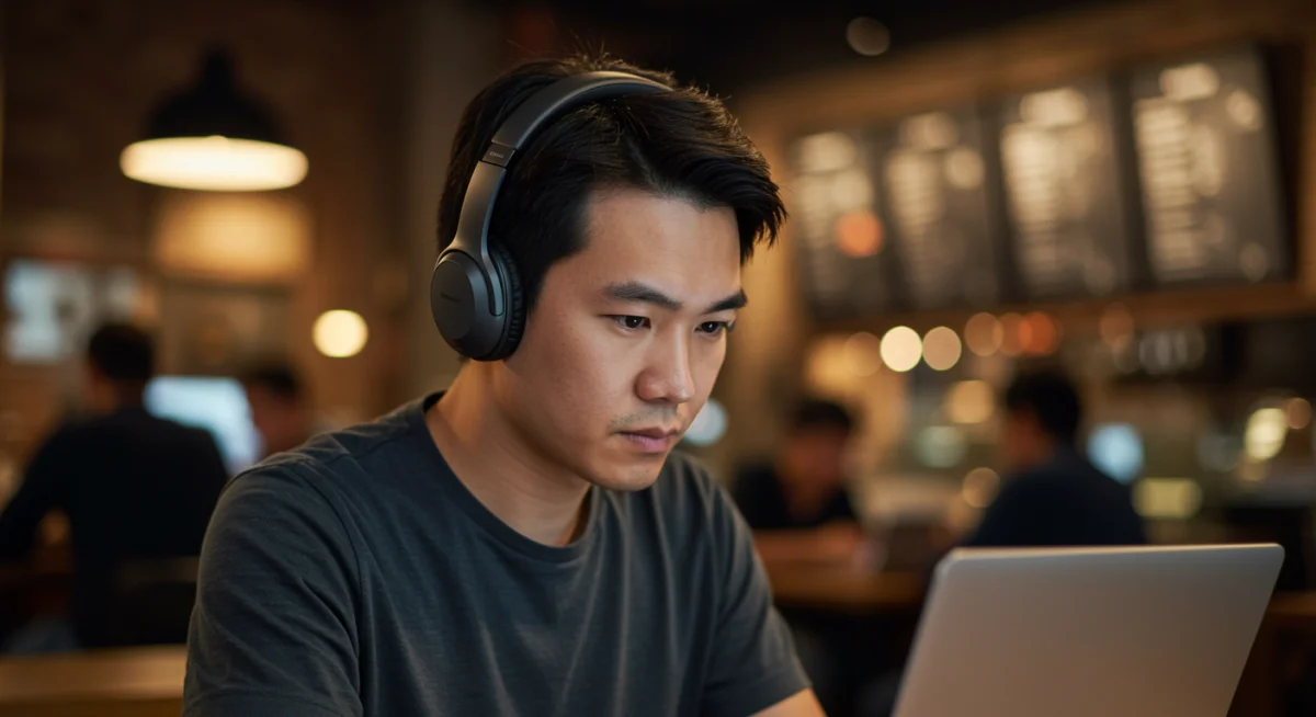 Person wearing noise-cancelling headphones in a coffee shop, focused on work.