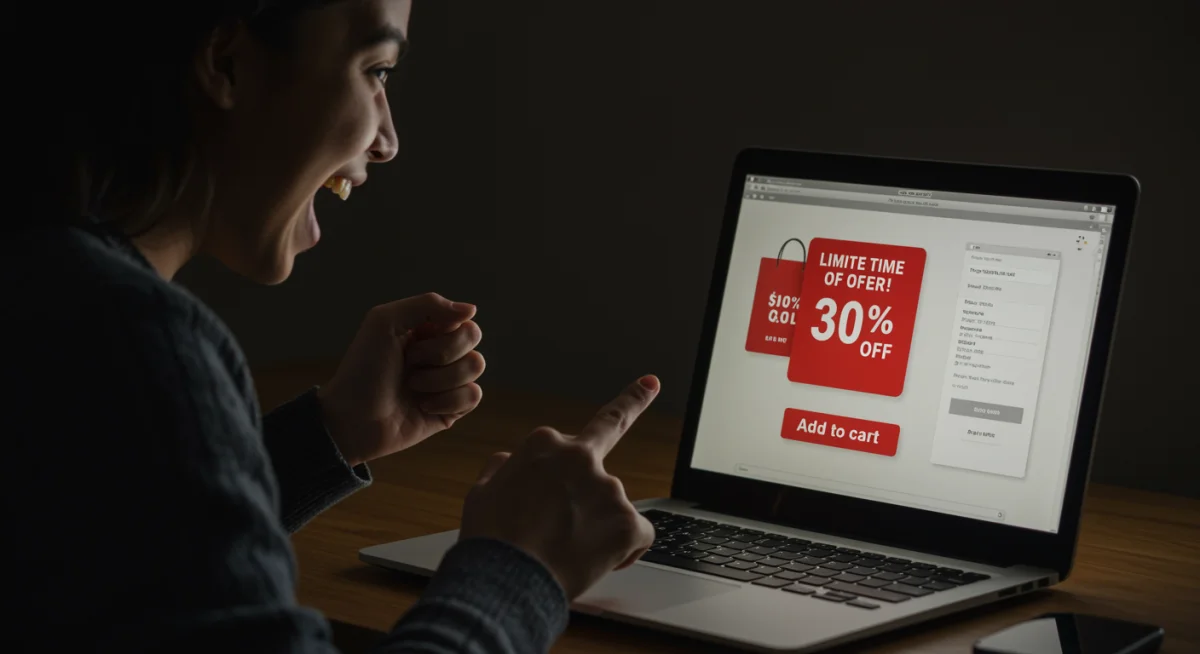 Person adding a discounted item to cart with an urgent 'expires soon' notification on a laptop screen.