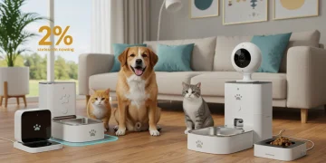 Smart pet devices enhancing pet well-being in a modern home