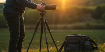 Photographer setting up camera on tripod with wide-angle lens and camera bag