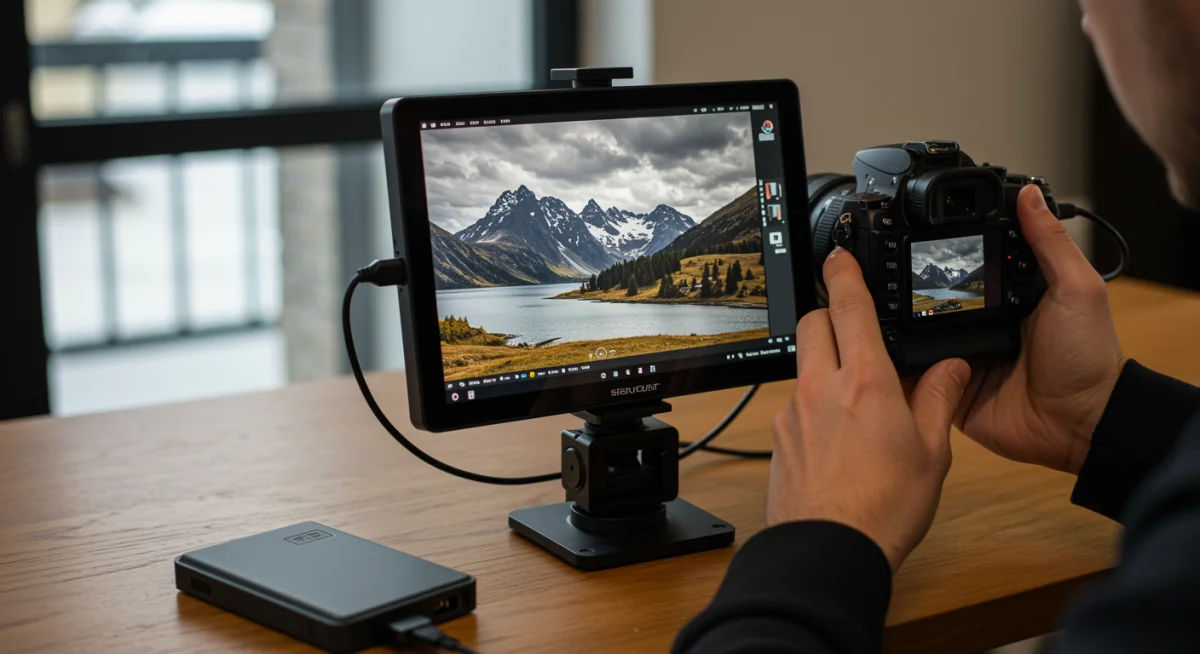 Photographer reviewing images on external monitor with portable SSD