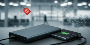 Modern power bank charging a smartphone in an airport setting, essential for US travelers.