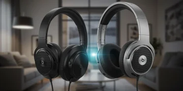Two premium over-ear headphones, black and silver, showcasing advanced audio technology and comfort.