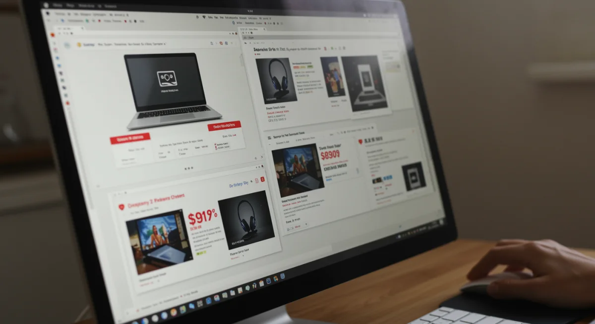 Person comparing electronics prices across multiple websites for best deals