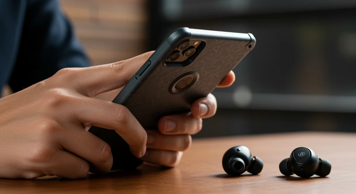 Smartphone with protective case and wireless earbuds