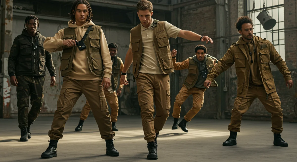 Group showcasing reimagined utility street style with cargo pants and tech accessories.