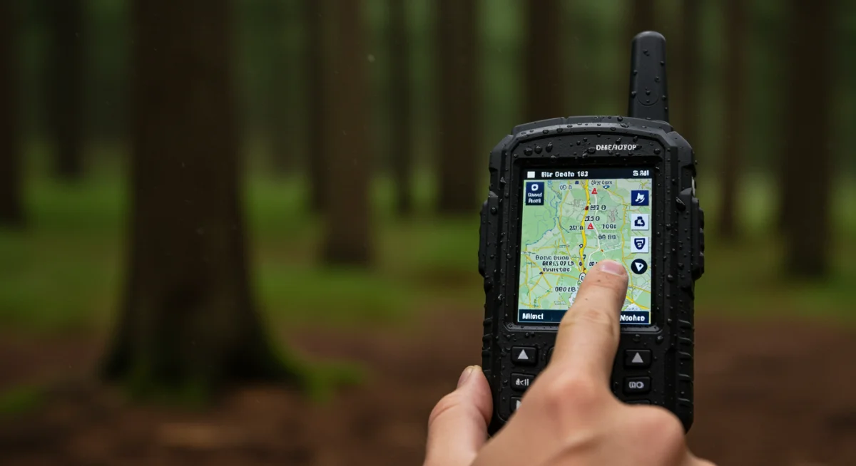 Rugged satellite communicator displaying GPS map in a forest setting.