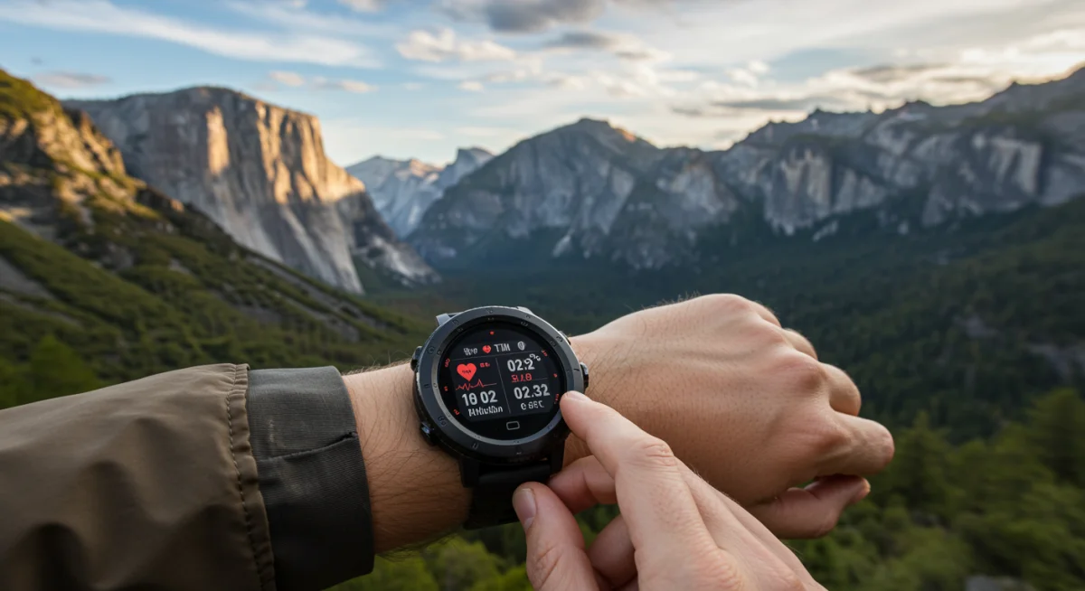 Explorer checking smart outdoor watch with vital signs and environmental data in a national park.