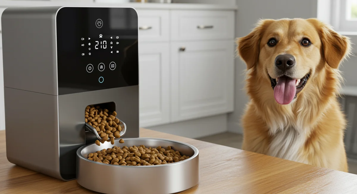 Automated smart pet feeder dispensing food for a dog