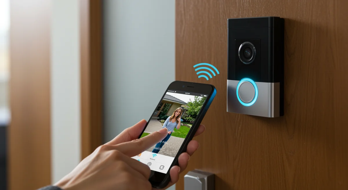 Person interacting with a smart video doorbell on a smartphone app, showing live feed