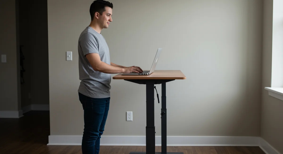 Individual working at a height-adjustable standing desk with proper posture