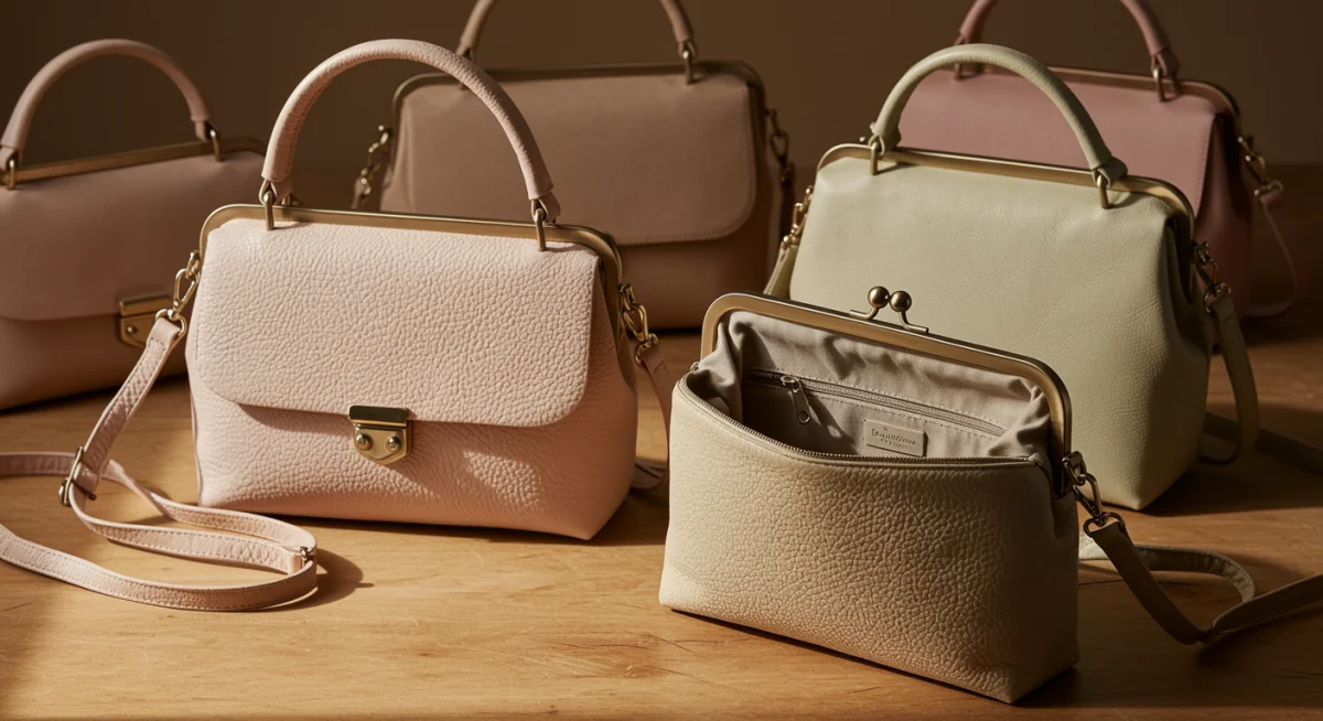 Assortment of sustainable and eco-friendly handbags in spring colors on a wooden surface