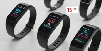 Collection of modern fitness trackers with '15% Off' promotion