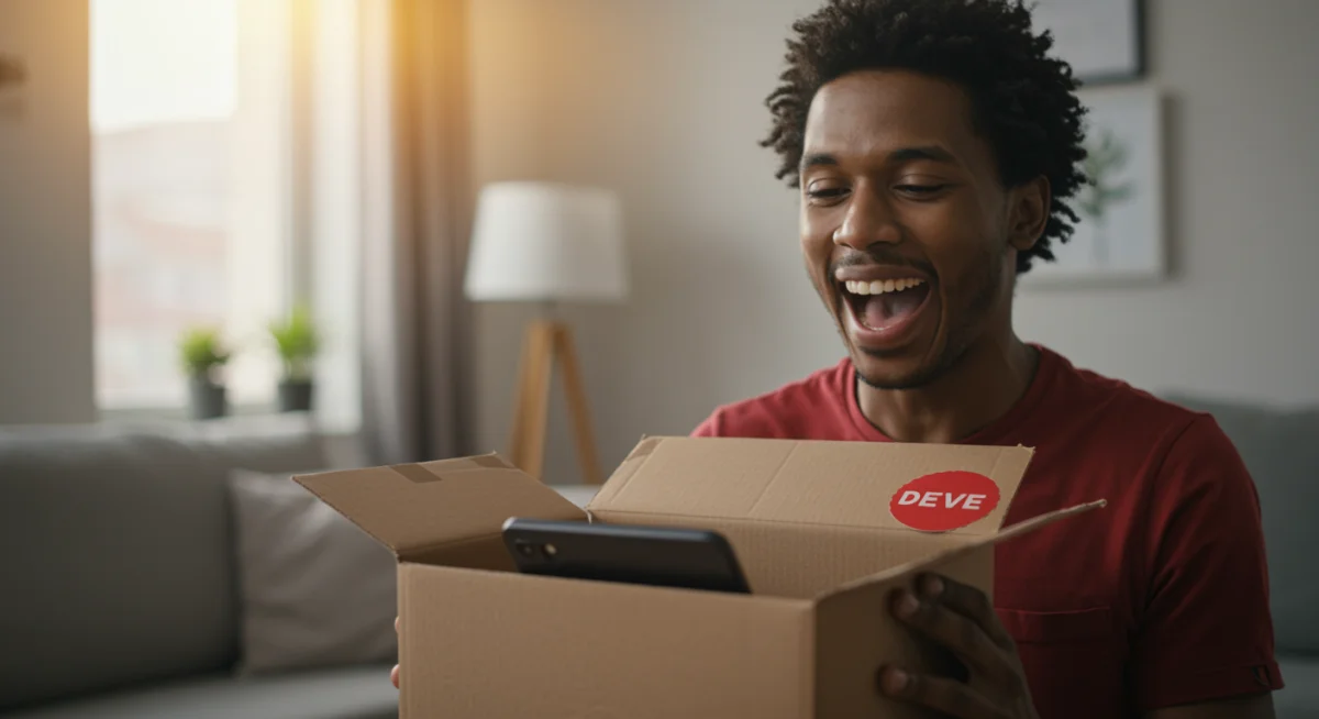 Person unboxing a new gadget excitedly after a flash sale purchase