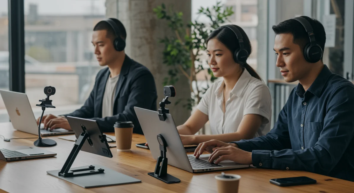 US workers using laptop accessories for virtual collaboration
