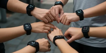 People wearing advanced wearable health monitors, displaying health data