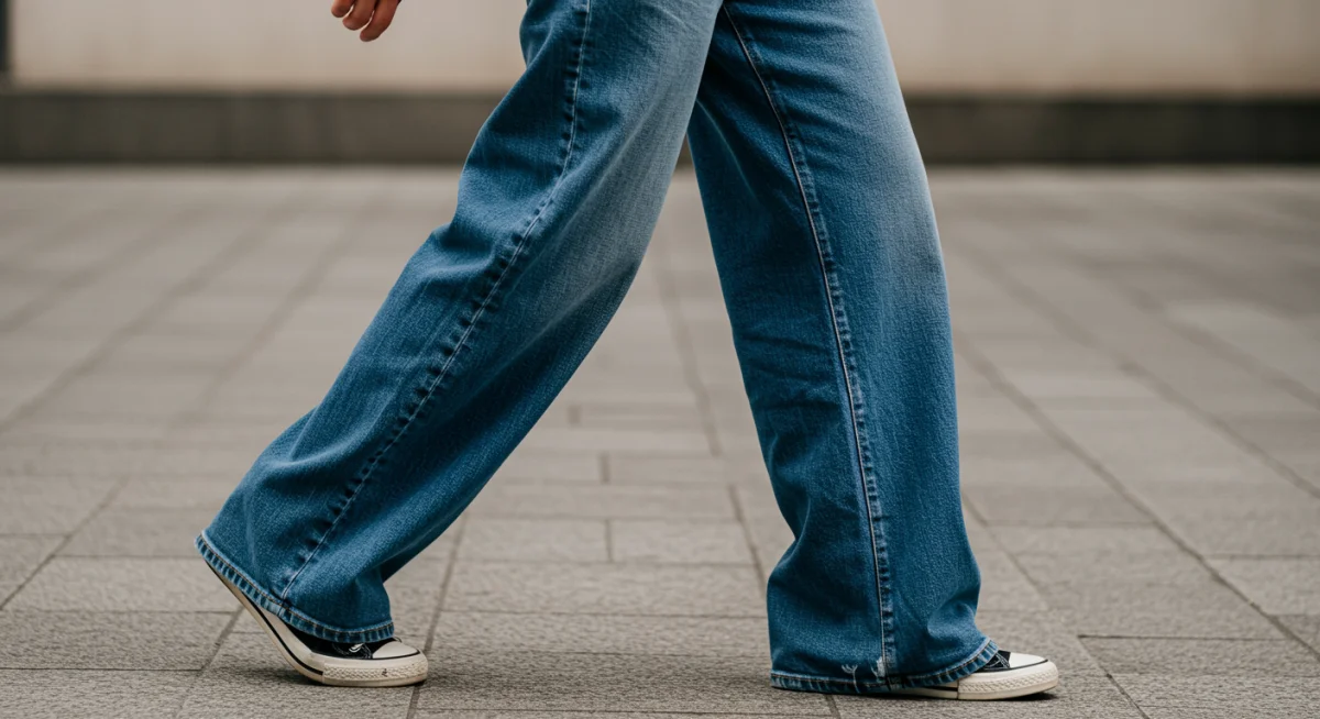 Detailed view of comfortable wide-leg denim jeans in motion, showcasing fabric and relaxed fit.