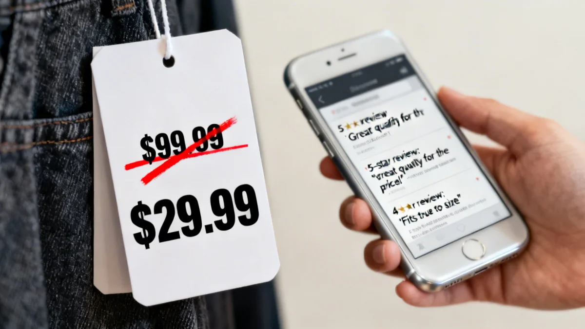 Clearance price tag with slashed original price and smartphone for review check