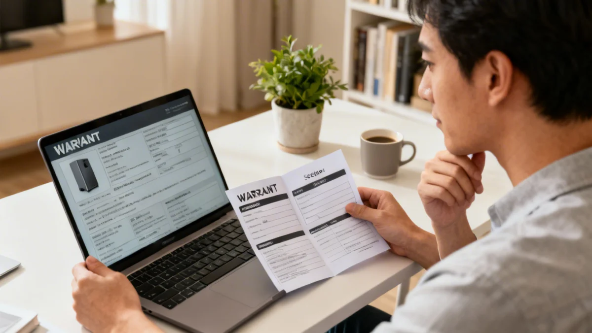Consumer reviewing laptop warranty card in home office
