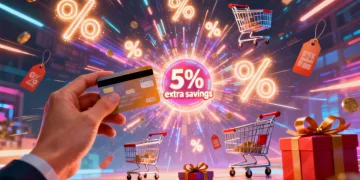 Credit card in hand with glowing 5% savings symbol amidst daily deal icons, representing boosted discounts.