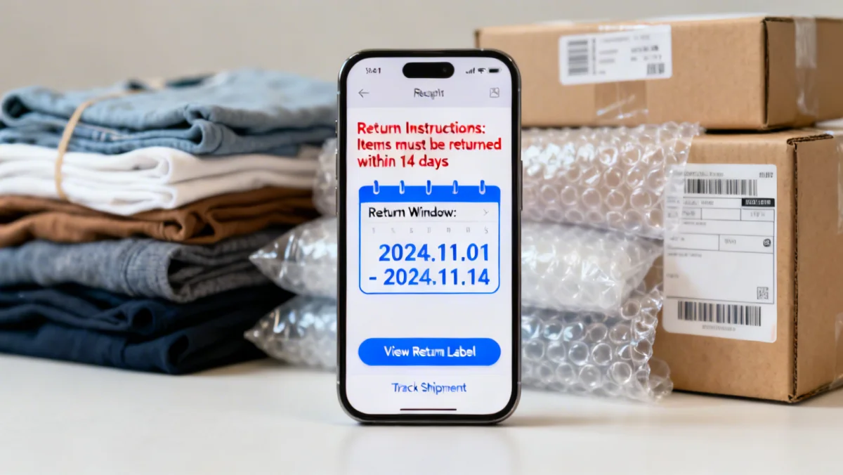 Digital receipt with highlighted return instructions and calendar reminder