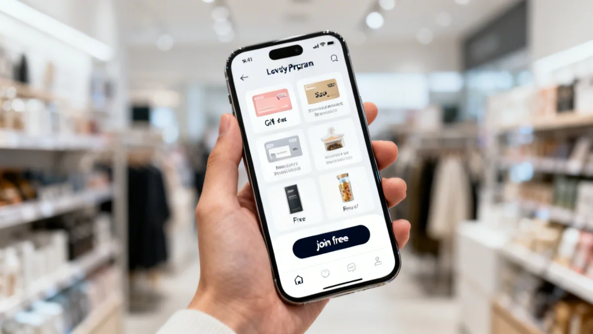 Smartphone displaying loyalty program app, illustrating how to join for free.