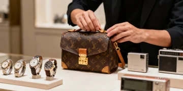 Resale Value Focus: Man inspecting vintage designer handbag for future selling