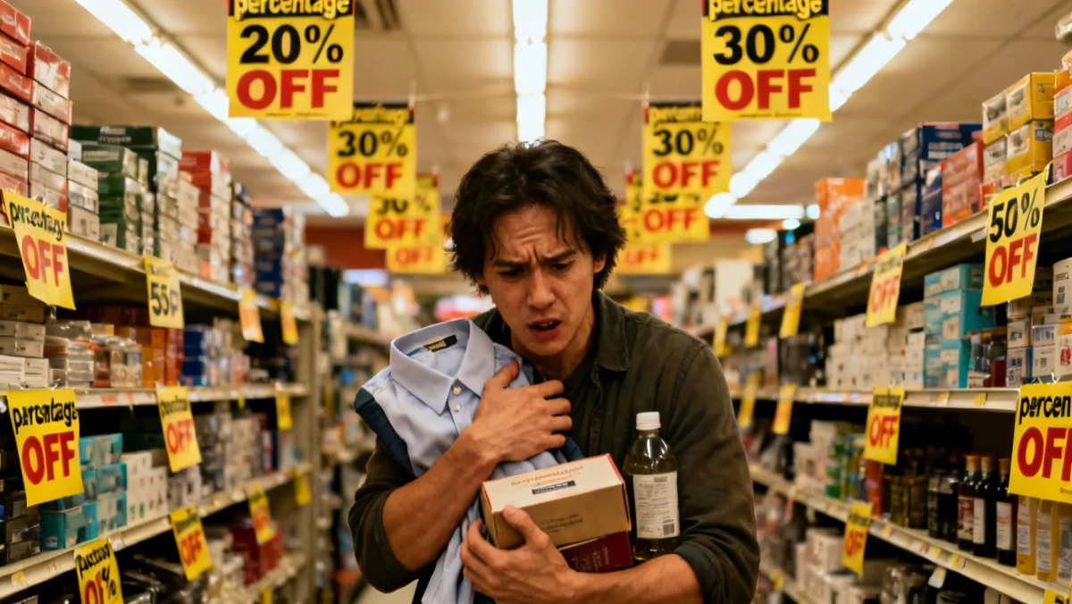 Confused shopper surrounded by discount signs, highlighting the psychological impact of sales.